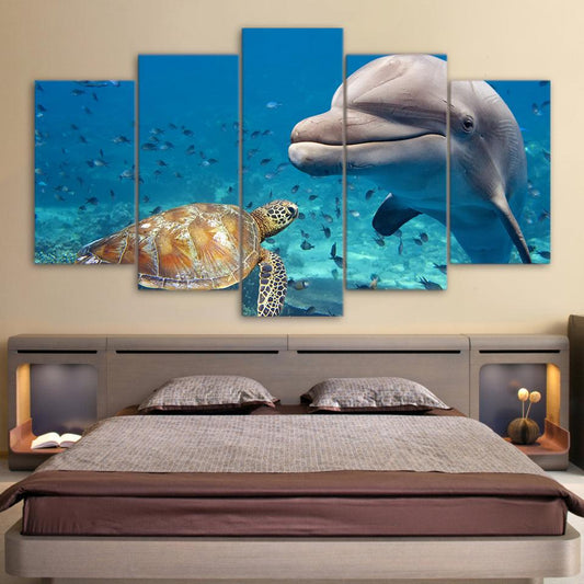 Dolphin And Green Sea Turtle 5 Panel Canvas Print Wall Art - GotItHere.com