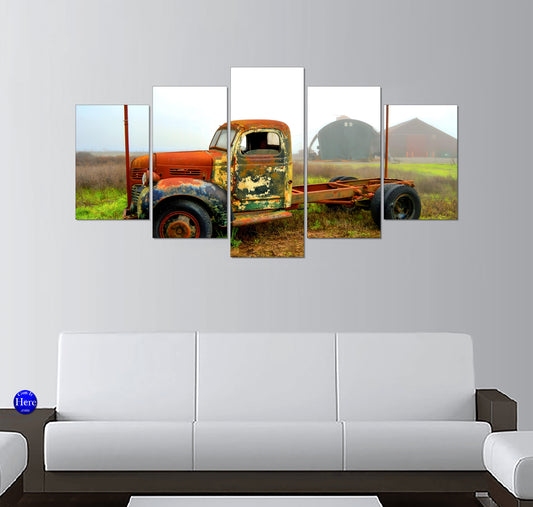 Abandoned Vintage Pickup Truck Beside Misty Farm Barns