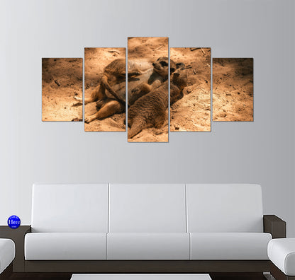 Group Of Meerkats Lounging On Sunlit Sand 5 Panel Canvas Print Wall Art