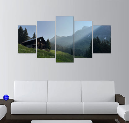 Alpine Cabin Nestled Beneath a Rising Sun 5 Panel Canvas Print Wall Art