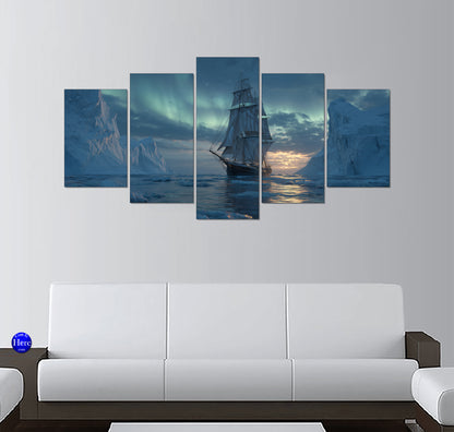 Arctic Tall Ship Sailing Among Icebergs Under the Aurora Borealis