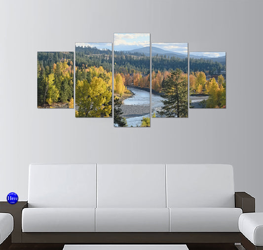 Autumn Riverbend With Golden Trees and Pine Forest