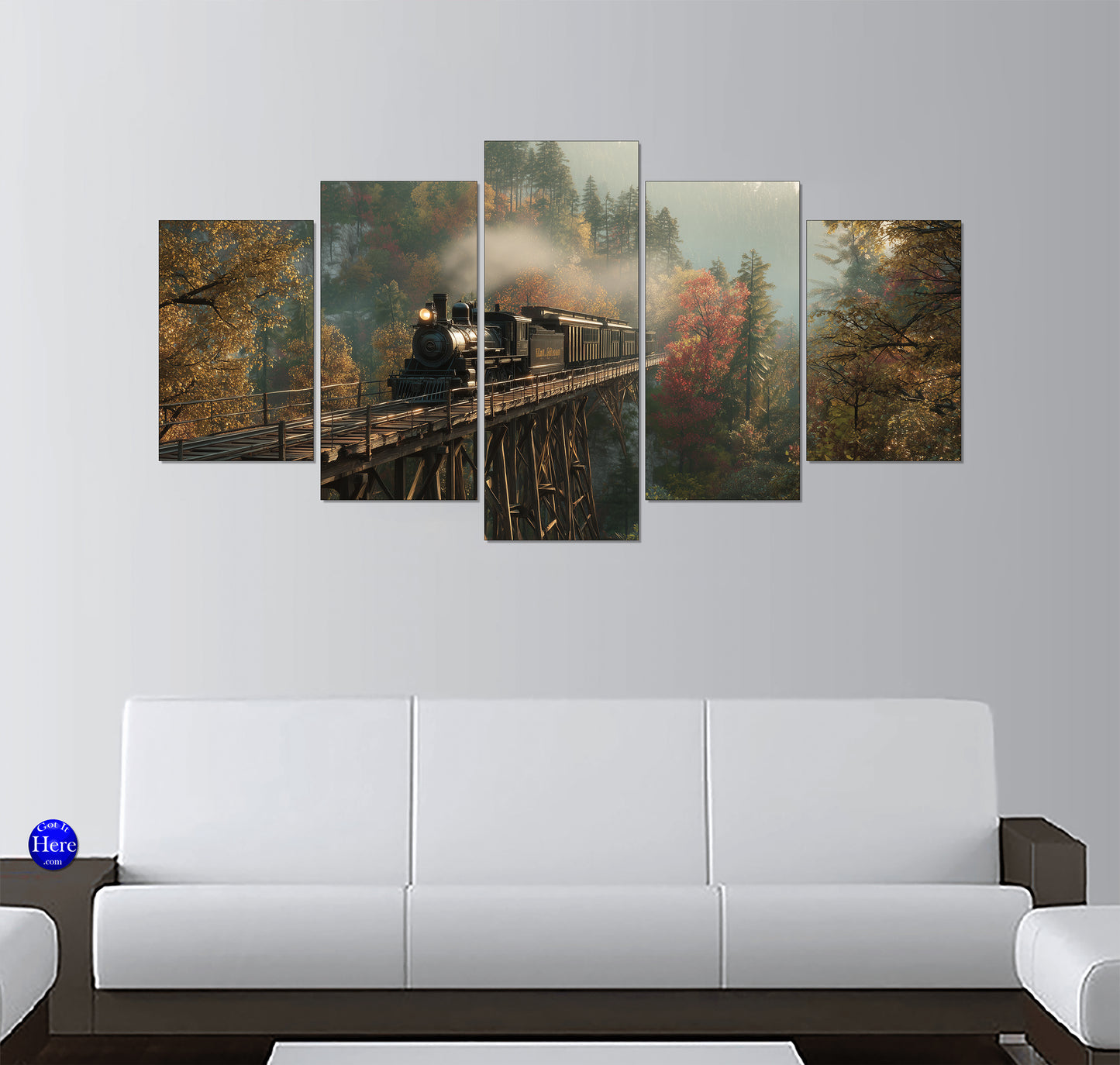 Autumn Train on Trestle Bridge in Forest 5 Panel Canvas Print Wall Art