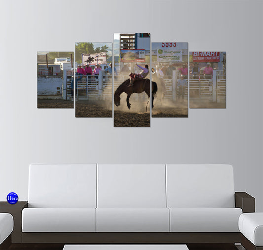 Cowboy Riding a Bucking Bronco in a Dusty Rodeo Arena