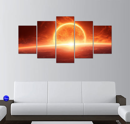 Burning Star Rising Over Planet Surface 5 Panel Canvas Print Wall Art