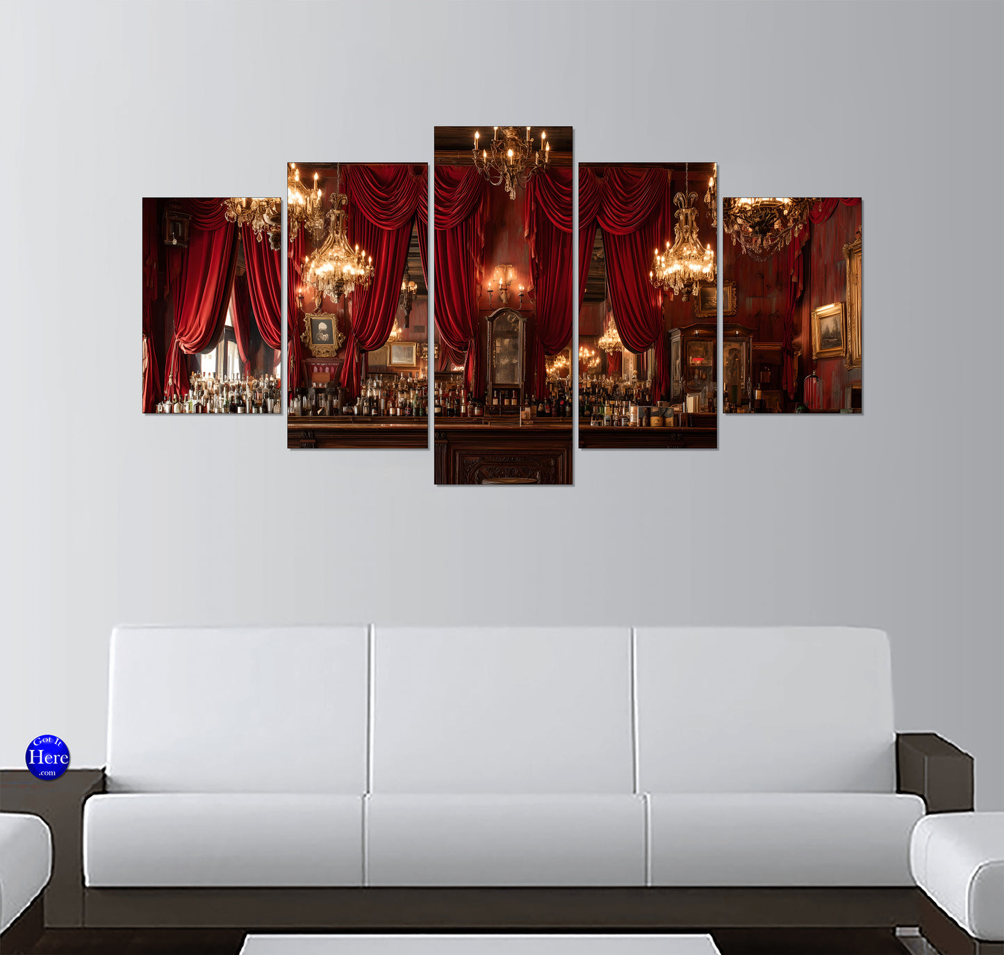 Chandelier-Lit Western Saloon Bar with Crimson Velvet Drapes