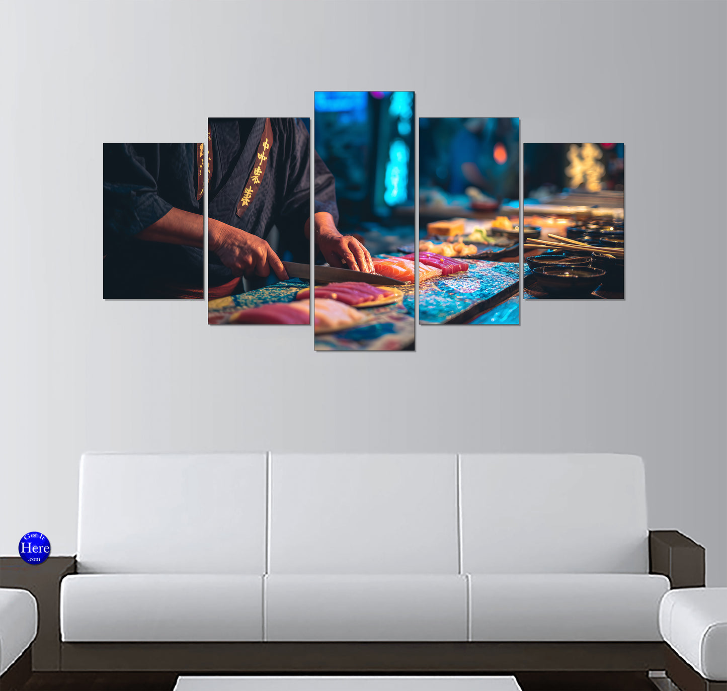 Chef Slicing Fresh Sashimi at Vibrant Food Stall 5 Panel Canvas Print Wall Art