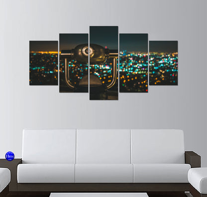 Observation Telescope Over Blurred City Lights at Night