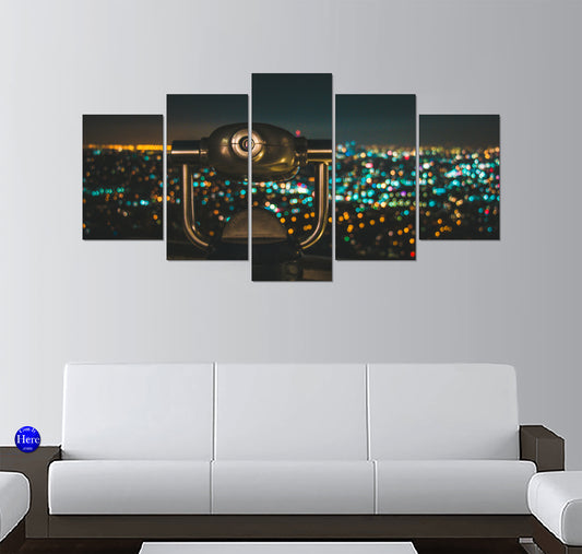 Observation Telescope Over Blurred City Lights at Night