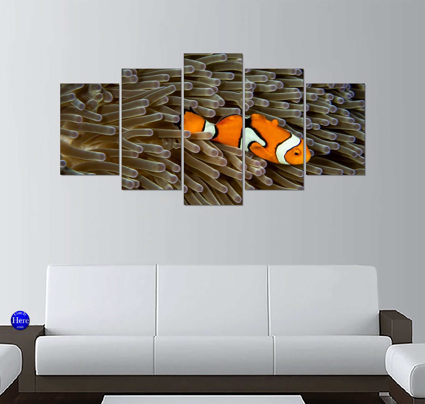 Clownfish Peeking Through Flowing Anemone 5 Panel Canvas Print Wall Art