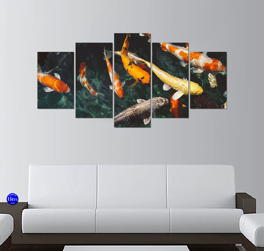 Colorful Japanese Koi Fish Swimming in Dark Teal Pond Water