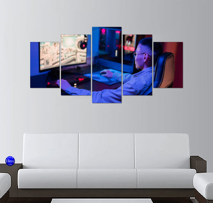 Programmer at Dual Monitors with a Glowing Custom PC Tower