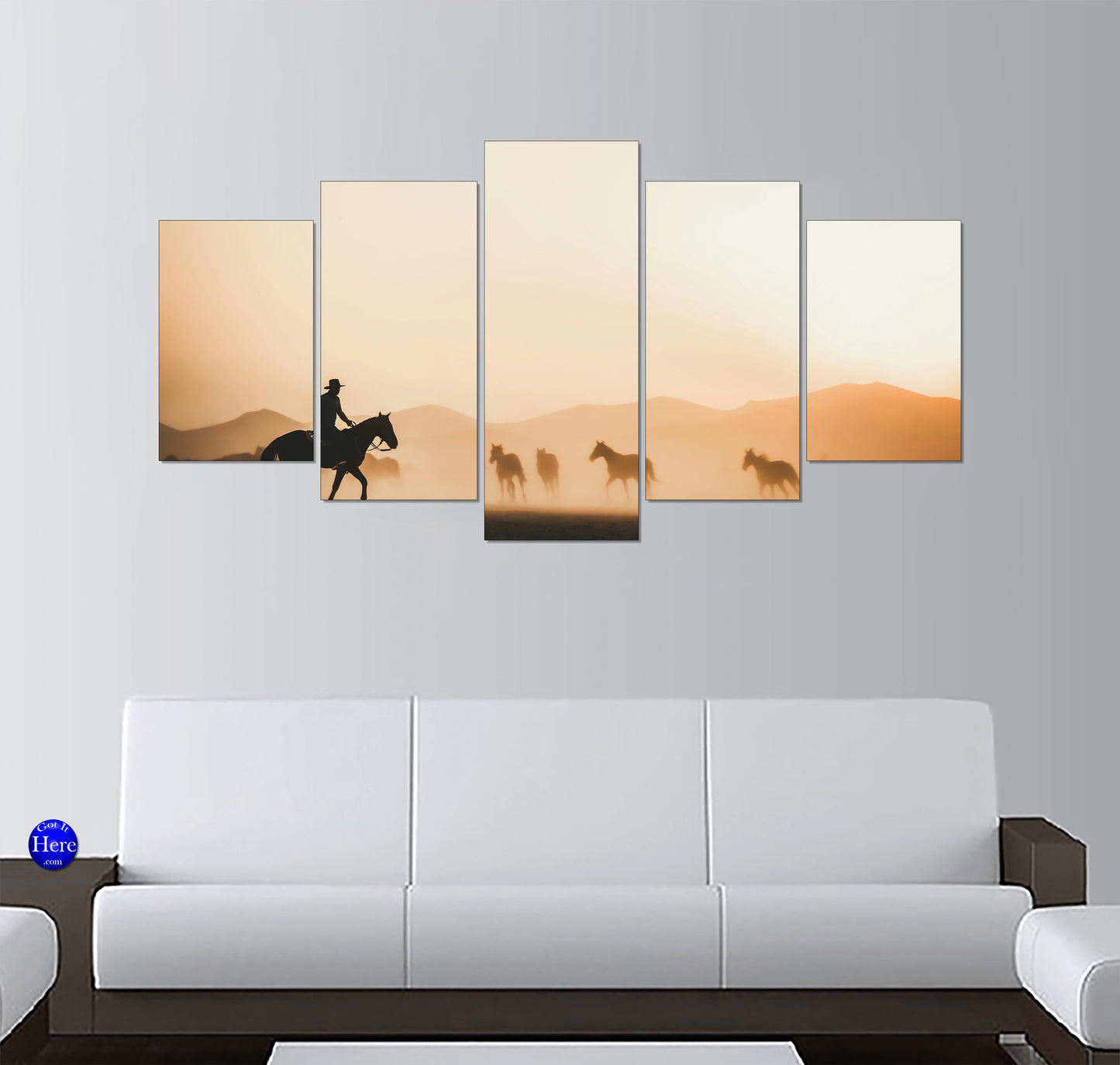 Cowboy Herding Wild Horses Across Dusty Plains at Sunset