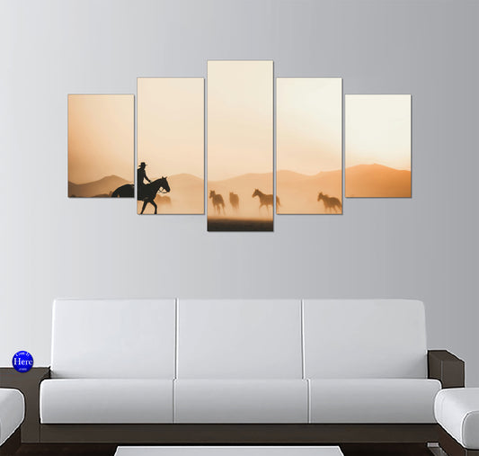 Cowboy Herding Horses Across Dusty Sunset Plains