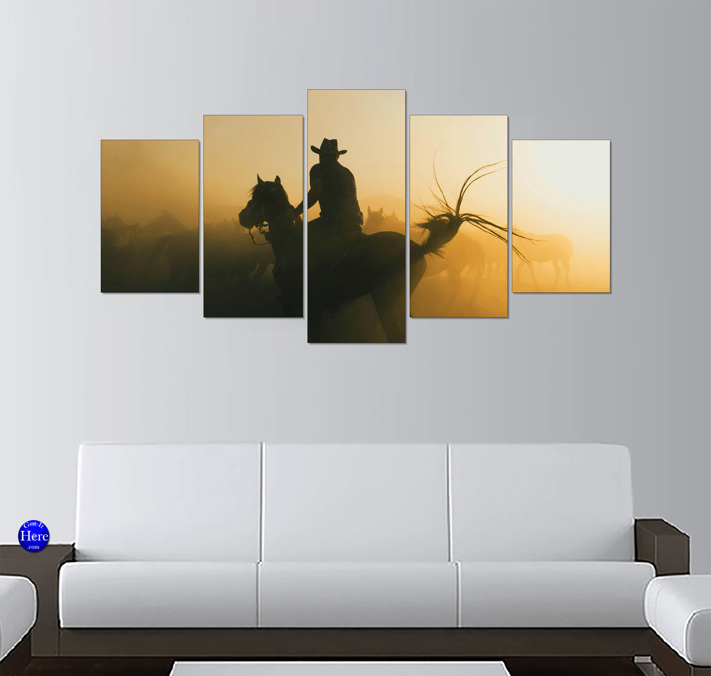 Silhouetted Cowboy on Horseback in a Golden Ranch Dust Storm