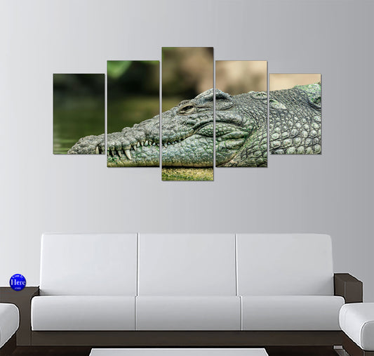 Crocodile's Eye Watching Silently from Shore 5 Panel Canvas Print Wall Art