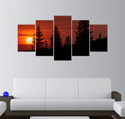 Pine Forest Silhouette With Birds at Fiery Sunset