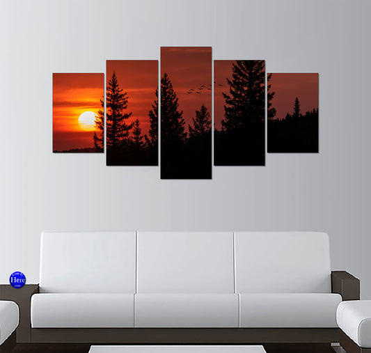 Pine Forest Silhouette With Birds at Crimson Sunset