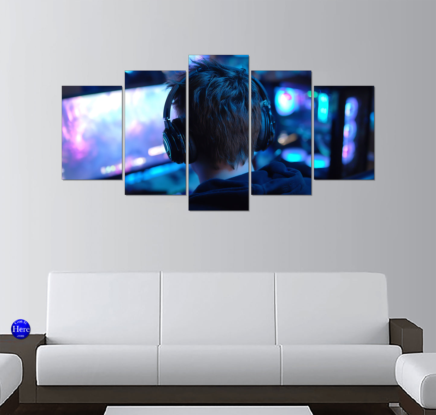 Focused Gamer With Headphones at a Neon PC Setup