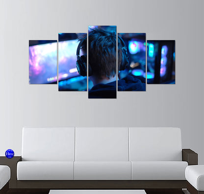 Focused Gamer With Headphones at a Neon PC Setup