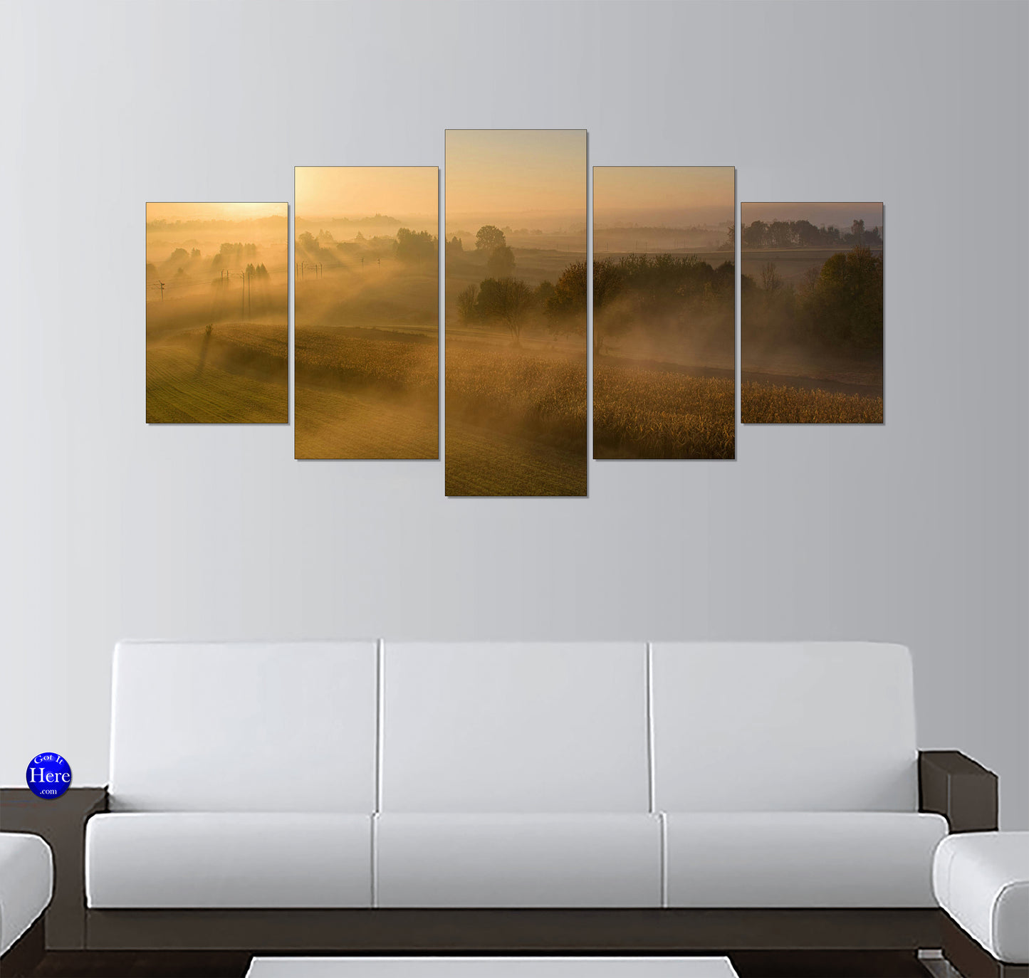 Golden Morning Fog Over Autumn Farmland and Trees