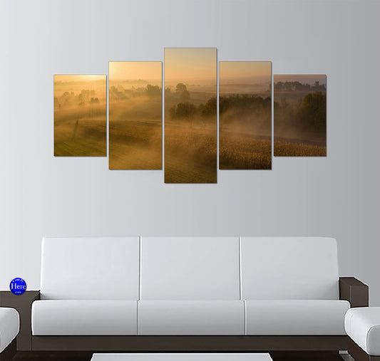 Golden Sunrise Over Misty Autumn Farmland and Trees