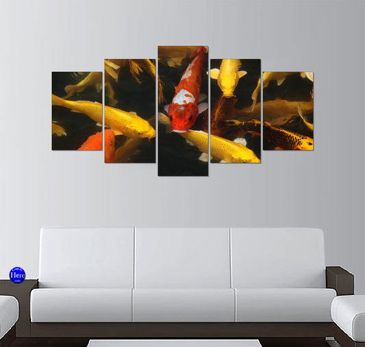 Golden and Orange Koi Fish Gathering in Dark Pond Water