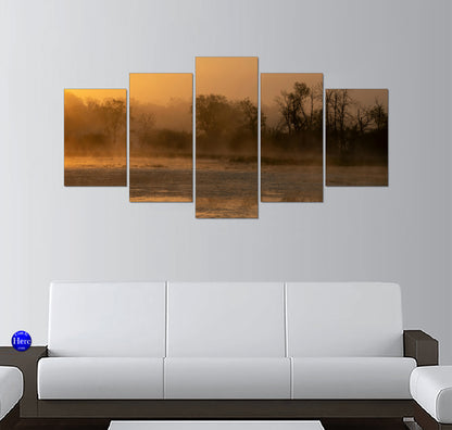 Golden Sunrise Over Misty Autumn Wetlands With Silhouetted Trees