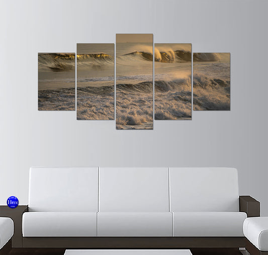 Golden Surf Waves Breaking on a Misty Sunset Coastline