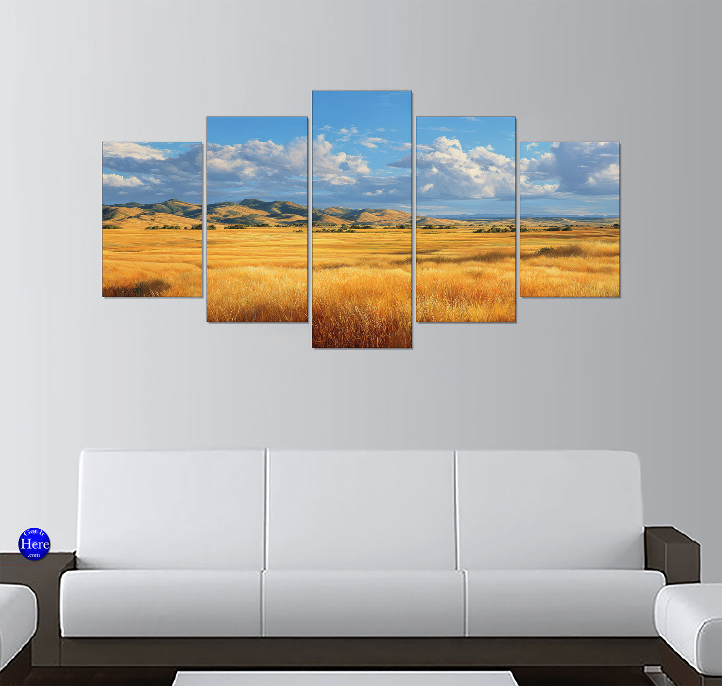 Golden Wheat Field with Rolling Hills and Blue Summer Sky