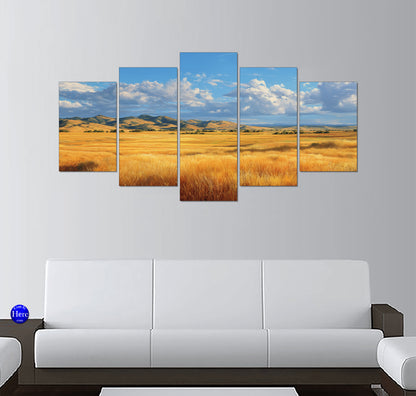 Golden Wheat Field with Rolling Hills and Blue Summer Sky