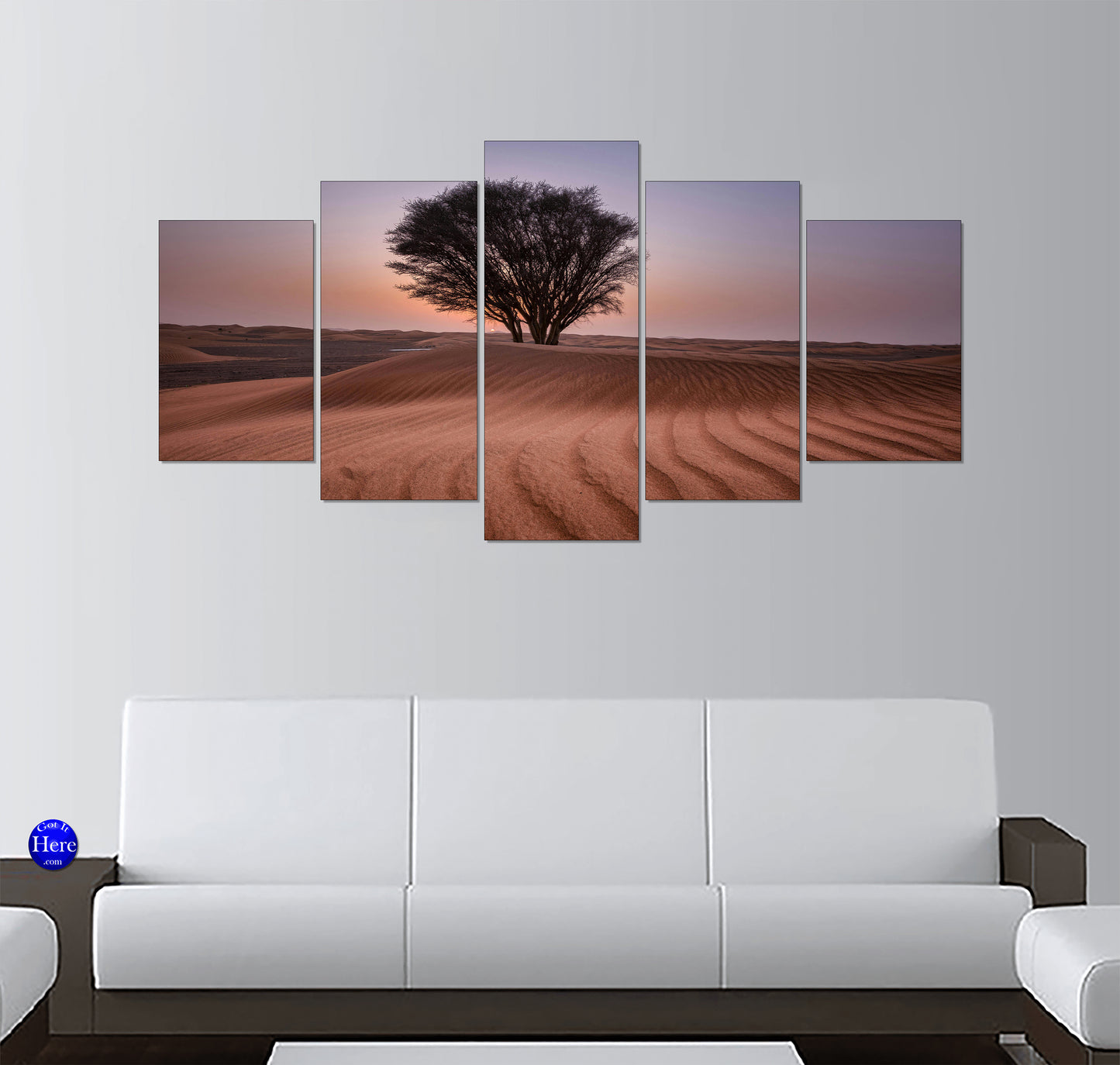 Solitary Ghaf Tree on Rippled Sand Dunes at Twilight