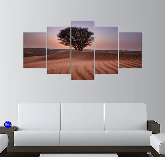 Solitary Ghaf Tree on Rippled Sand Dunes at Twilight