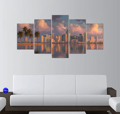 Downtown Miami Skyline With Palm Trees on Biscayne Bay at Sunset