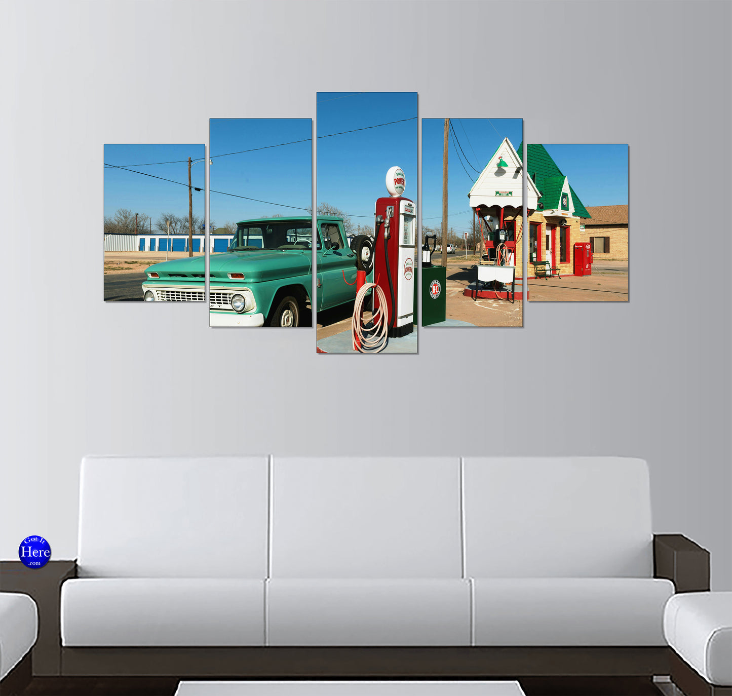 Mint Green Chevy at Sinclair Pump 5 Panel Canvas Print Wall Art