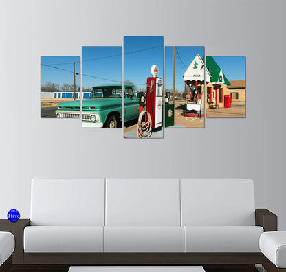 Mint Green Chevy at Sinclair Pump 5 Panel Canvas Print Wall Art