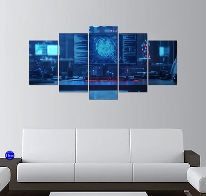Triple Monitor Coding Workstation with Glowing AI Matrix