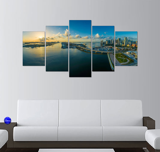 Sunrise Over MacArthur Causeway and Downtown Miami Skyline, Florida