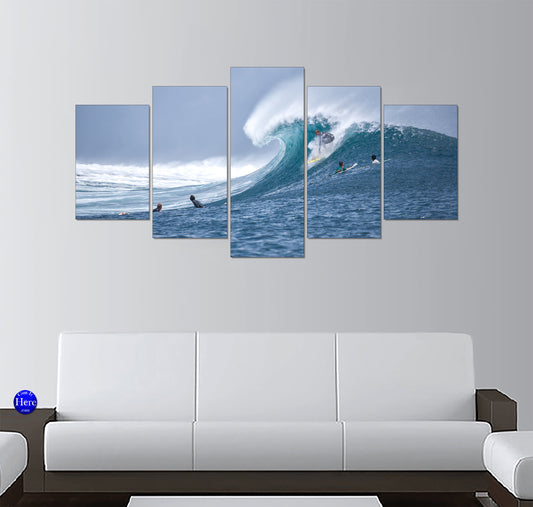 Ocean Curl Crashes as Surfer Leans Into the Line 5 Panel Canvas Print Wall Art