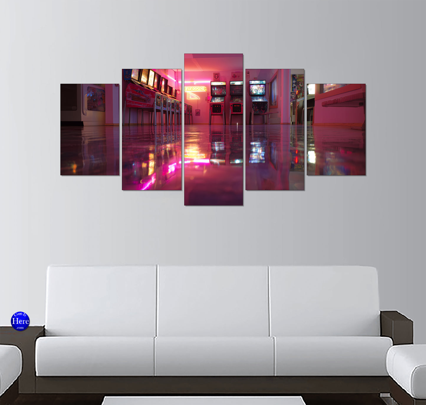 Retro Neon Arcade Room With Glossy Floor Reflections