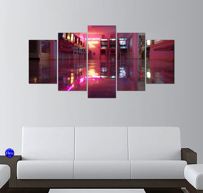 Retro Neon Arcade Room With Glossy Floor Reflections