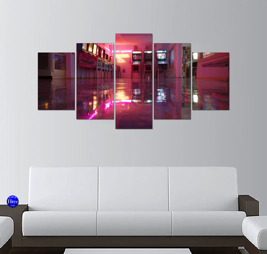 Retro Neon Arcade Room With Glossy Floor Reflections