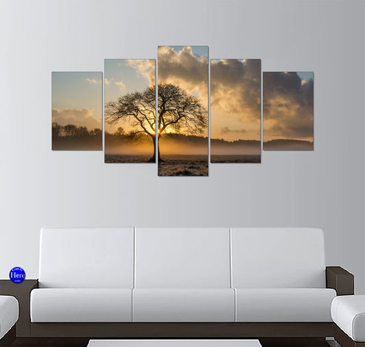 Solitary Tree at Sunrise in Field Fog
