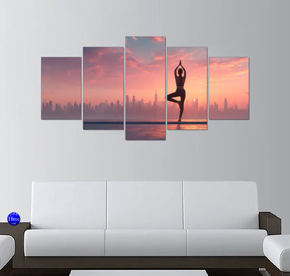 Rooftop Yoga Tree Pose Over the New York City Skyline at Sunrise