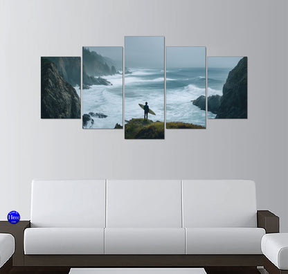 Surfer on a Misty Oregon Coast Bluff Above Crashing Surf