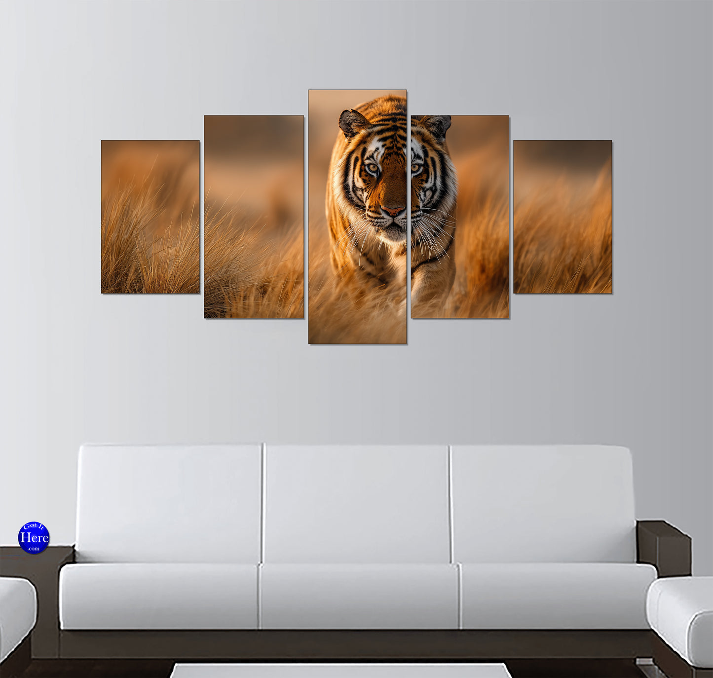 Bengal Tiger Prowling Through Golden Grasslands