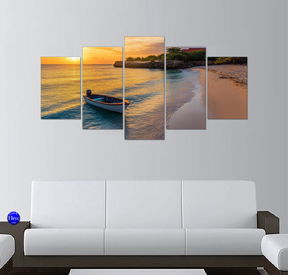 Tropical Beach Cove with a Fishing Skiff at Sunset