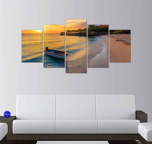 Anchored Dinghy Boat in a Tropical Lagoon at Sunset