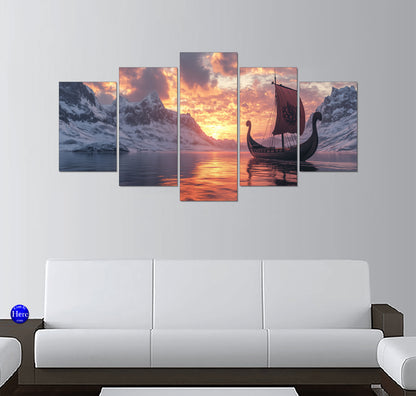 Viking Longship in an Arctic Fjord at Sunset