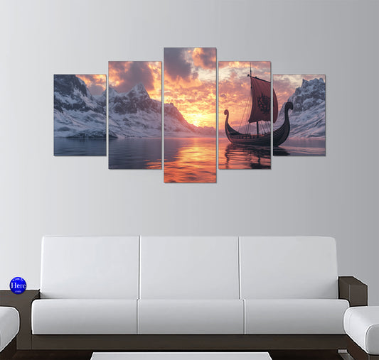 Viking Longship Sailing Through a Glacial Fjord at Sunset